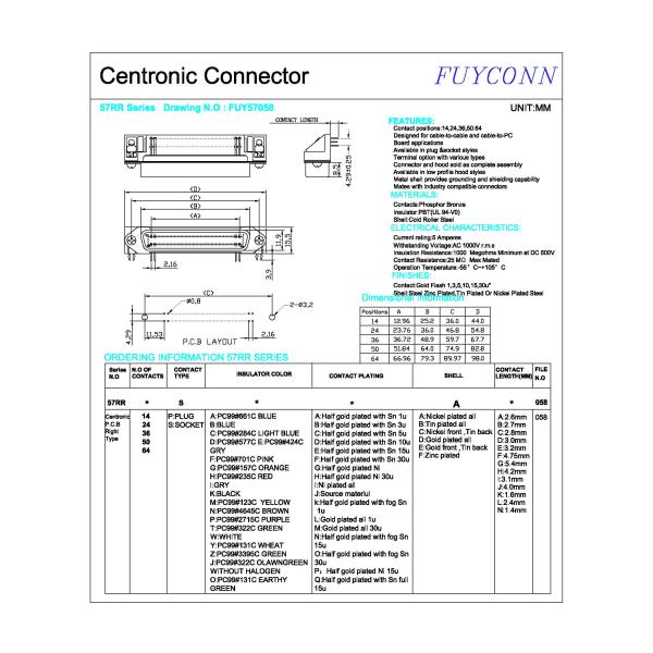Соединитель PCB Centronics соединителя Pin женщины 64 прямоугольный с замком доски