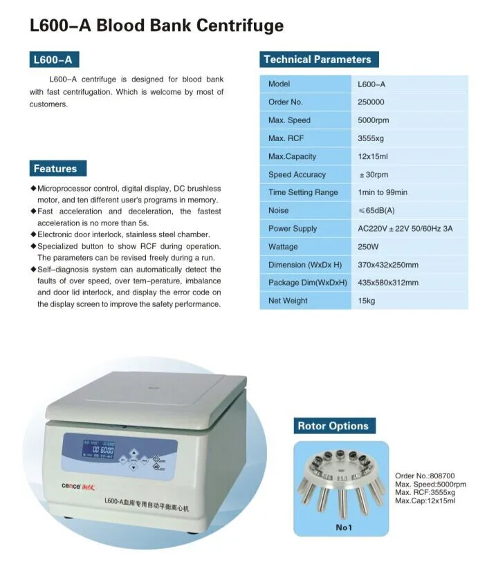 Китайская лаборатория L600-A Центрифуга для кровеносных банков 5000 р/мин <= 65 дБ ((А))