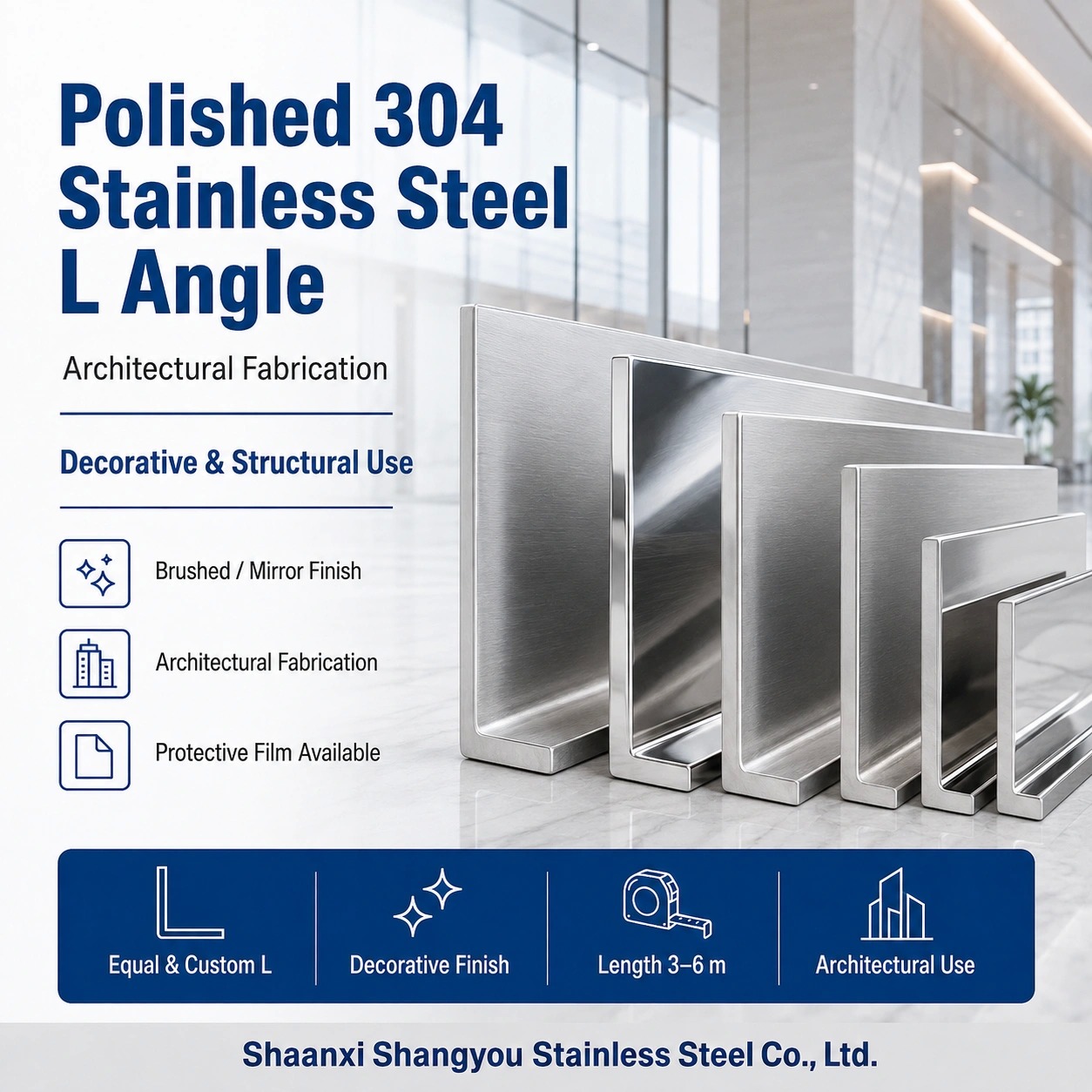 Polished 304 Stainless Steel L Angle for Architectural Fabrication