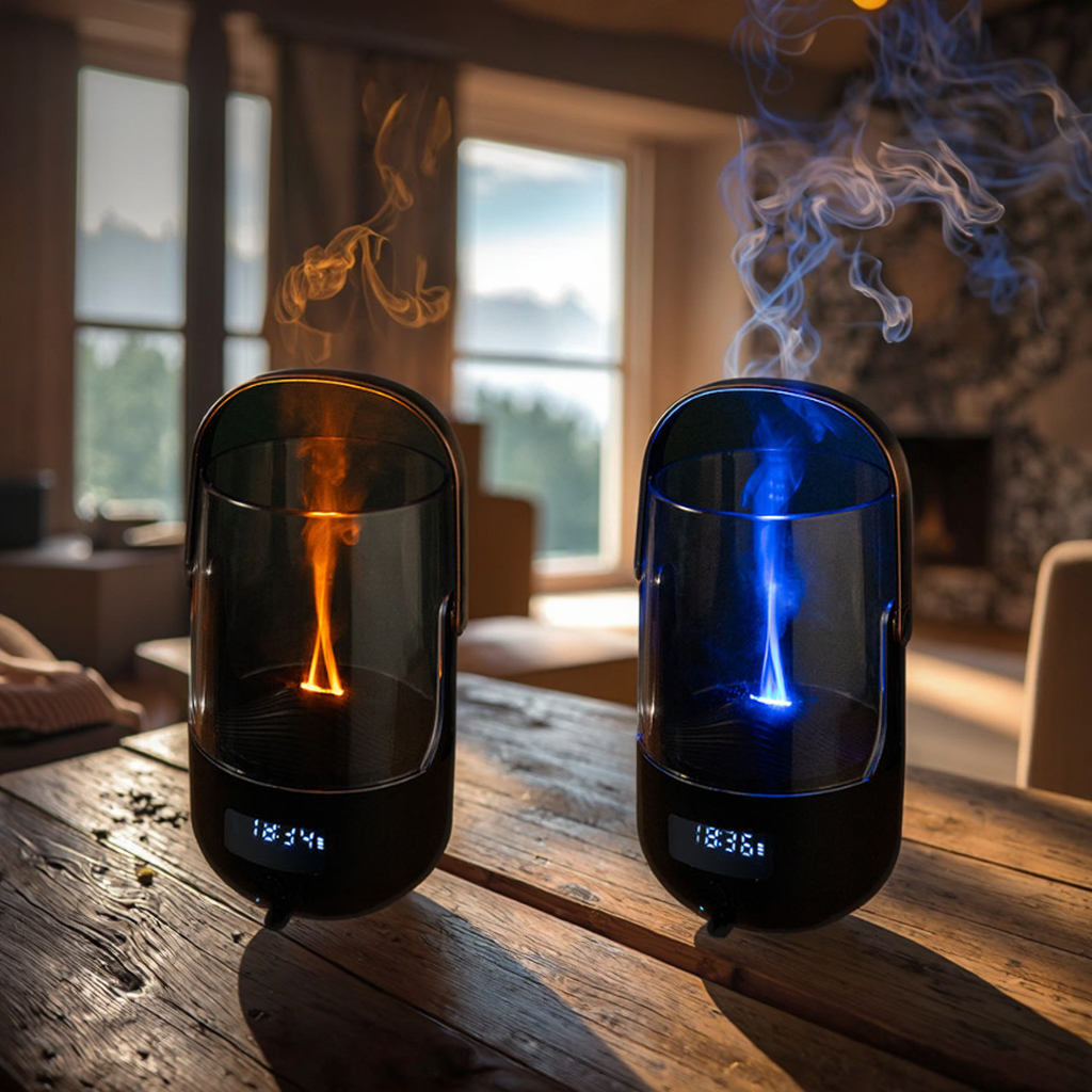 FUSMLI 3D Realistic Flame Aroma Diffuser 200ml Large Tank Quiet Operation with Type-C Charging Flame Humidifier