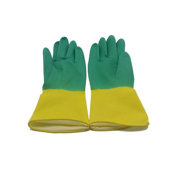 Reusable Bi - Color Kitchen Rubber Gloves Eco Friendly For Household Cleaning