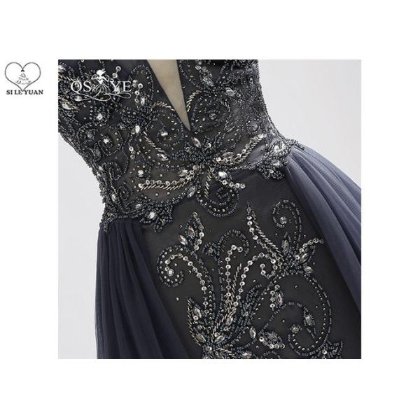 Long Tail A Line Ball Gown Navy Blue V Neck No Arm Backless Heavy Beading Tulle