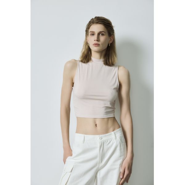 Self Cultivation Basic Tops Pink Mock Neck Sleeveless White High Waist Wide Leg Cargo Pants Set
