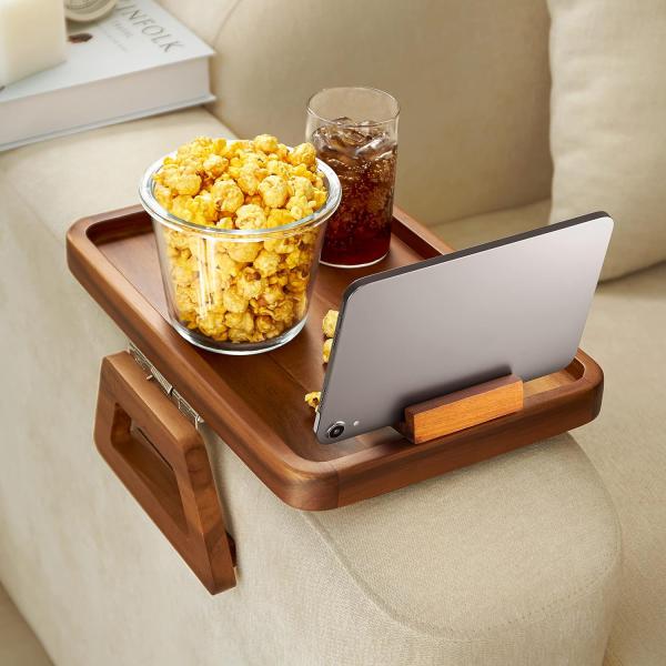 360 Rotating Arm Table for Acacia Wood Sofa Armrest Tray on Wooden Side Tables