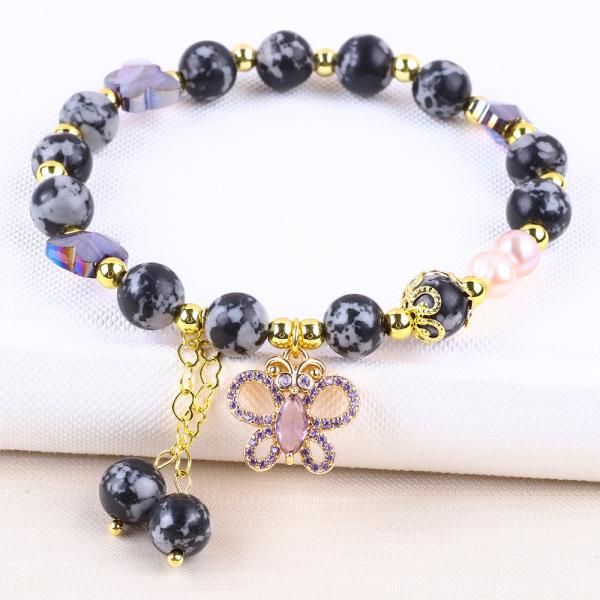 8MM Healing Natural Stone Snowflake Obsidian With Purple Butterfly Charm Bead Bracelet