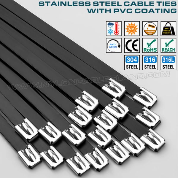 PVC Coated Metal (Stainless Steel) Cable Ties, Version 316L, 316 or 304, L: 200~1100mm x W: 16mm, 200 Lbs, Outdoor Use PVC Coated Metal (Stainless Steel) Cable Ties, Version 316L, 316 or 304, L: 200~1100mm x W: 16mm, 200 Lbs, Outdoor Use