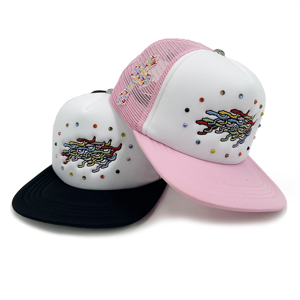 Trucker Foam Mesh Snapback Hat Embroidery Rhinestone Blank Cap Flat Brim Adjustable Breathable
