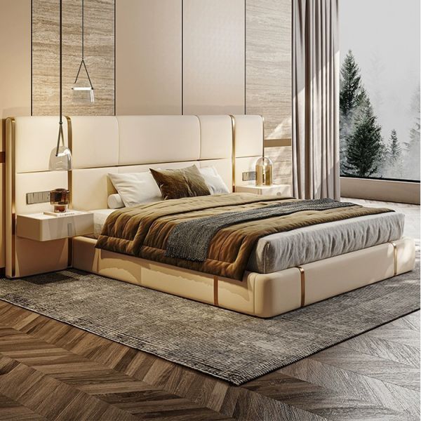 Synthetic Leather Upholstery Material King Size Luxury Bed Frame Sets Modern Villa Bedroom Furniture Plywood Panel Type