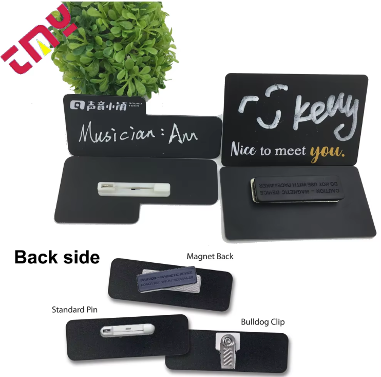 Custom Square Round Blank Writable Reusable Plastic Chalkboard Name Badge For Hotel Employee Teacher