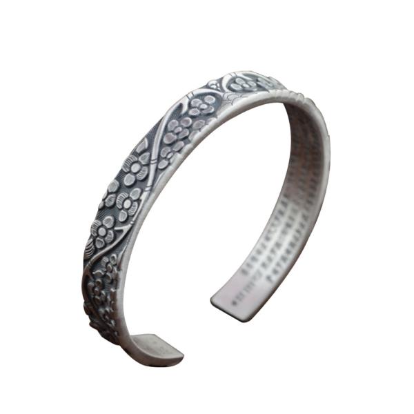 Women Sterling Silver Engraved Flowers Buddhist Sutras Retro Cuff Bracelet Bangle (SZ0161)
