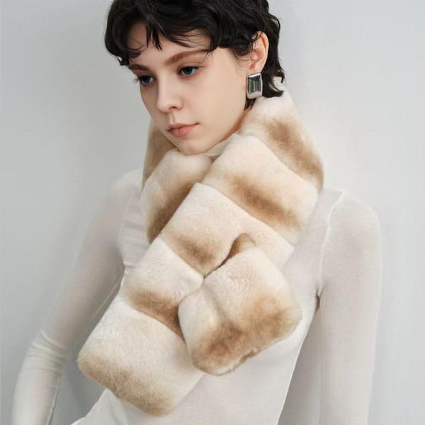 Faux Rex Rabbit Fur Striped Scarf