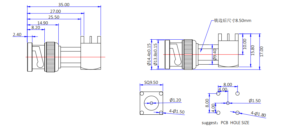 BNC Male Right Angle PCB Mount RF Connector 50Ω for DC to 4GHz Applications