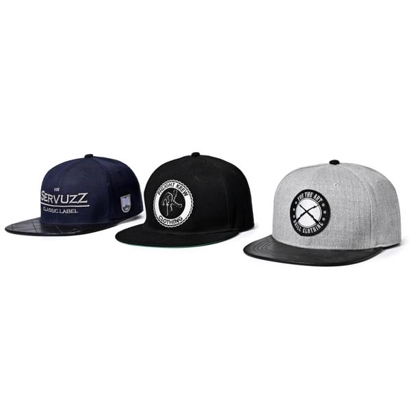 Leather Brim 6 Panel Snapback Cap 58cm Embroidered Woven Label
