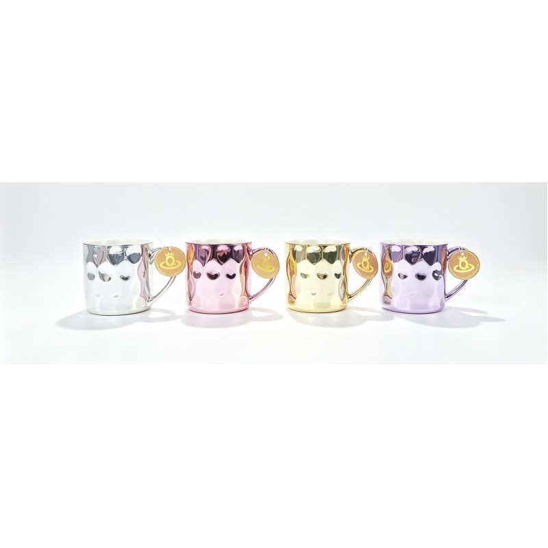 Metallic Electroplated Heart Embossed Ceramic Coffee Mugs, Mirror Shiny Hammered Textured Tea Cups with Crown Logo Hang Tag, Cute Love Pattern Porcelain Mugs for Gift & Home Decor