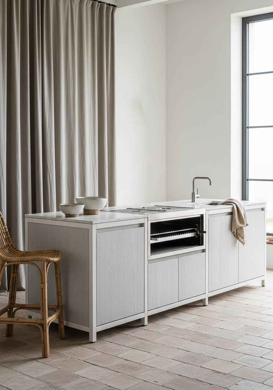 Coastal Light Linen Outdoor Kitchen Island in 304 Stainless Steel