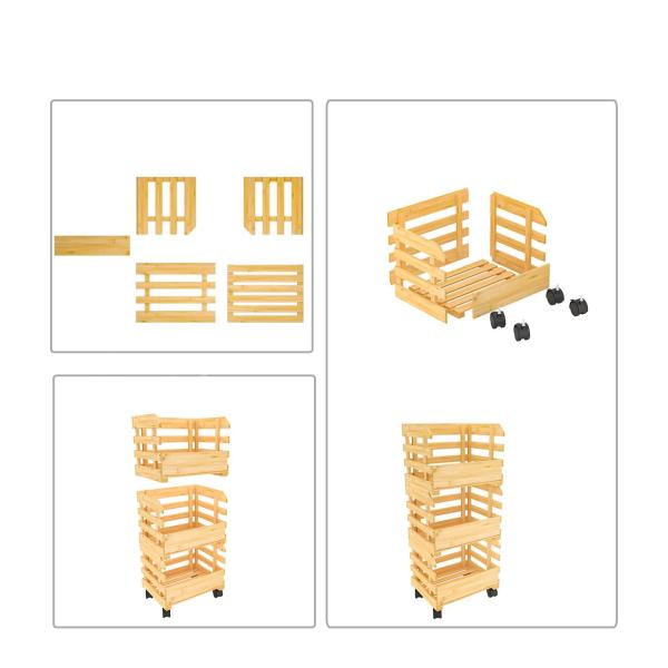 Устойчивое 3-уровневое бамбуковое корзиновое стойло с колесами для овощей и фруктов