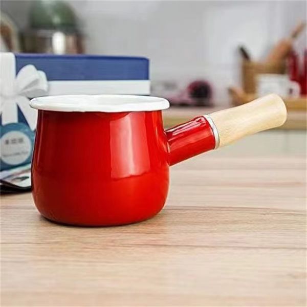 Mini Pot Enamel Steel Milk Pan Baby Food Cooking Pot with Wooden Handle