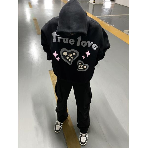 Winter High Street 3D Puff Printing Hoodies Black For Streetwear Colorful