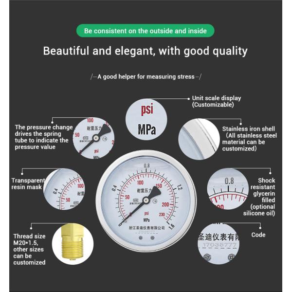 100mm 1.6% High Accuracy Axial Oil Filled Pressure Gauge Meter for OEM Customization