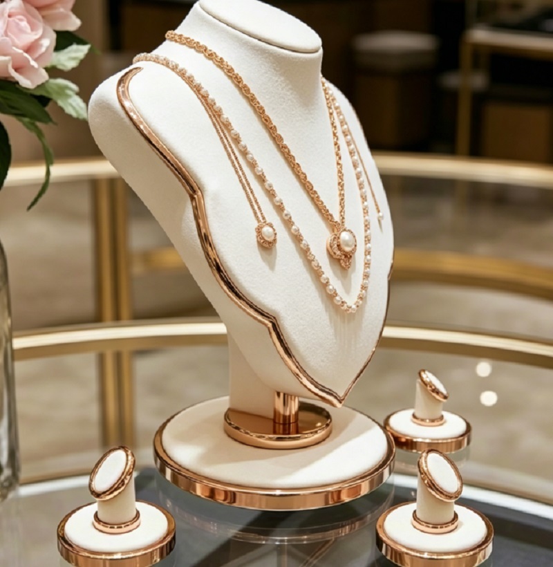 Elegant 360 Rotatable Jewelry Display Stand Rose Gold Velvet Necklace Mannequin Ring Stands Durable High Quality
