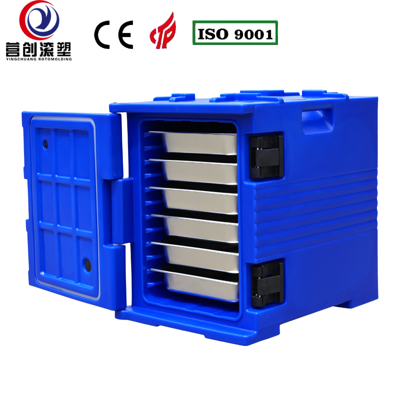 YINGCHUANG ROTOMOLDING OEM 90L Blue Rotomolded Insulated Box With Small Casters, Thick PU Foam Hot & Cold GN Pan Food Transport Cabinet For Central Kitchen Canteen