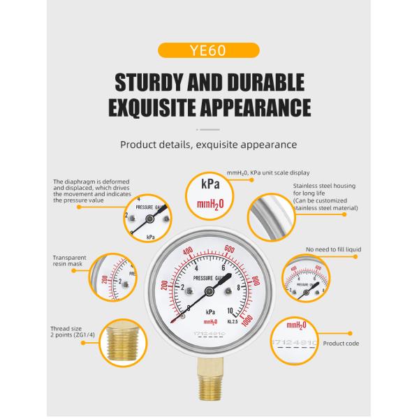 2.5 inch diaphragm micro air pressure manometer with 16KPa outlet pressure gauge made