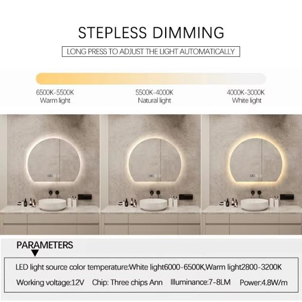 Home Decor Half Round Bathroom Mirror Anti Fog Waterproof LED Makeup Vanity Mirror
