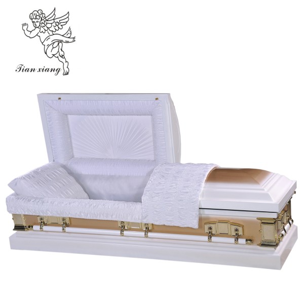 Adult Funeral Metal Casket, White Gold Gradient Surface, Pleated Linen Set