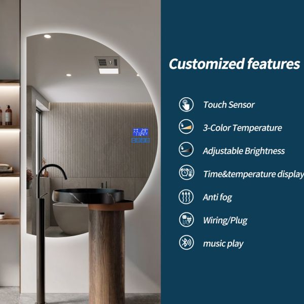 Artistic Irregular Shaped LED Mirror Anti Fog Half Circle Bathroom Mirror With LED Light