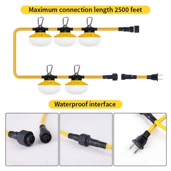 AC Power Supply 50FT Total Length 5 Bulbs 45W 6300Lm Linkable Portable Outdoor IP65 LED Site Construction String Light