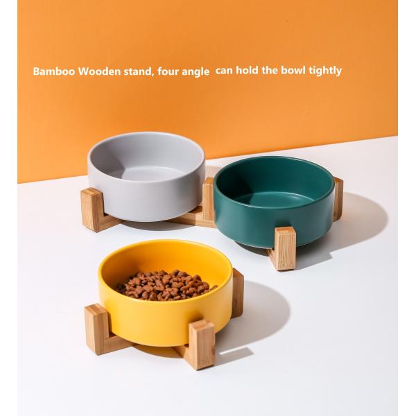 Ceramic Pet Feed Bowl With Wooden Stand Dog Food Drinking Bowl Dish