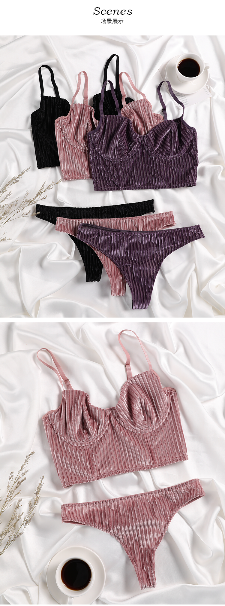 Thong Lingerie Set S-xl Plus Size Sexy Velvet Underwire Underwear Set Ladies Threaded Push up Gathered Adjustable Bra