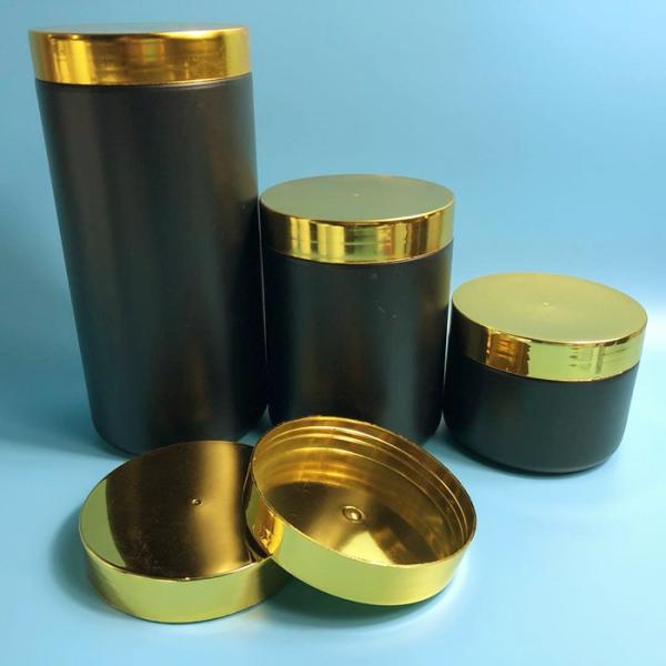 Customized Various Sizes Black Plastic Wide Mouth Powder Canister With Gold Lid