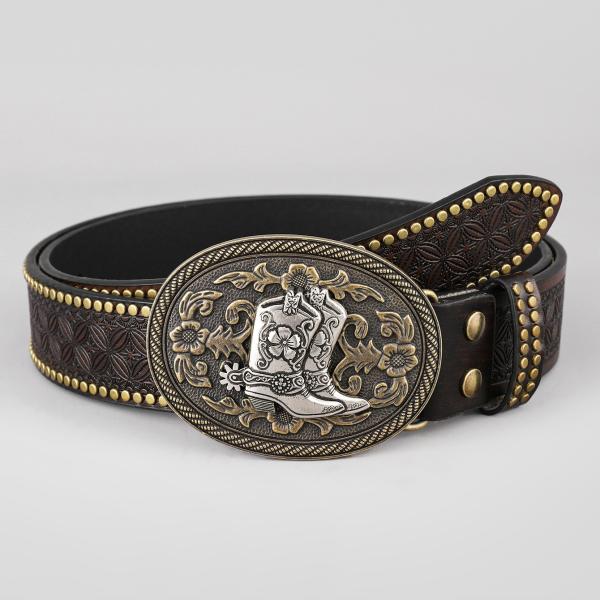 Unisex Vintage Cow Head Embossed PU Leather Belt with Buckle Fastening Western Rivet Belt