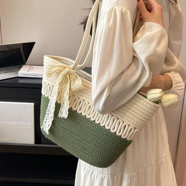 Straw Tote Bag for Women Handwoven Cotton Straw Shoulder Bag Crochet Tassel Beach Bohemian Purse for Women