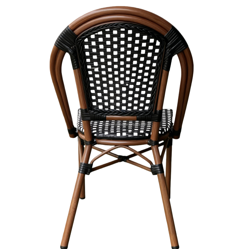 Commercial Use French Style Woven Rattan Chair Black White Checkered Patio Dining Chair for Cafe Restaurant Hotel