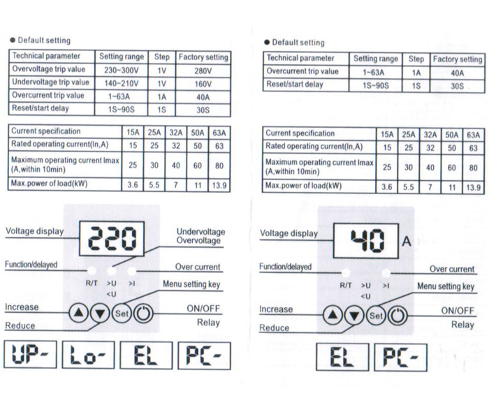 40A Din Rail Single Phase Over Under Voltage Protector Automatic Reconnect Device with On-Off Function Voltage Display SVC Use
