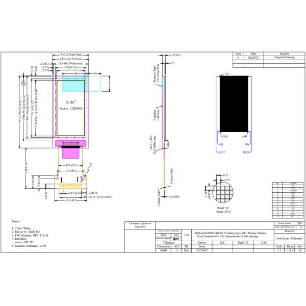 0.96'' 64 X 128 Yellow Blue Mono OLED LCD Display 13Pin SSD1312 3/4 Wire SPI I2C