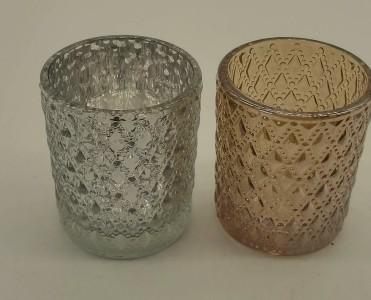 2 pcs Set Embossed Pattern Pink Glass Tealight Holders Bulk for Wedding