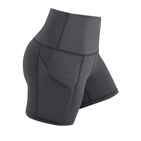 Short preto alto dos esportes de Waisted para o bolso lateral das caneleiras apertadas do Gym do controle da barriga das mulheres