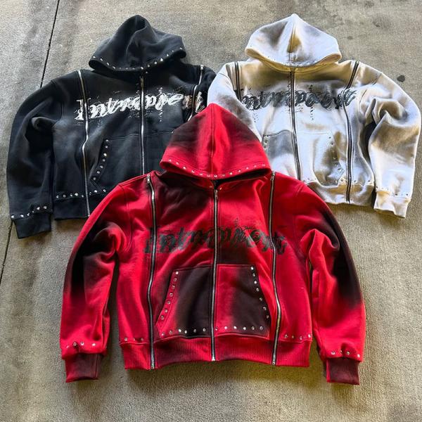 Service OEM Rhinestone Fermeture à glissière Hoodie lavage à l'acide Diamant Rouge Hoodie 100% coton