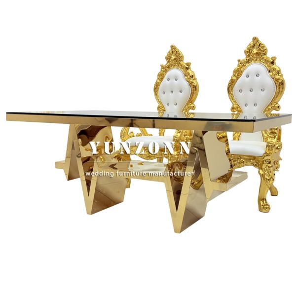 Wholesaler Weeding Furniture Table Modern Luxury Gold Stainless Steel Glass Dining Table 6 Chairs Sets