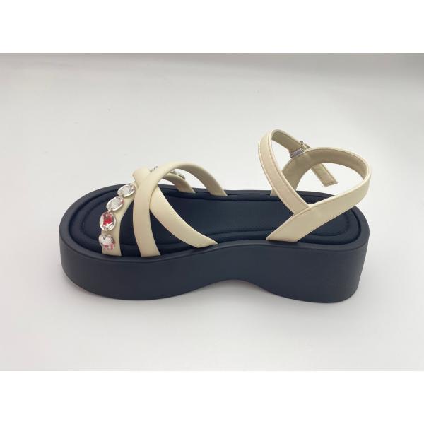 Women white bottomed sandals with rhinestone with pure color and genuine leather