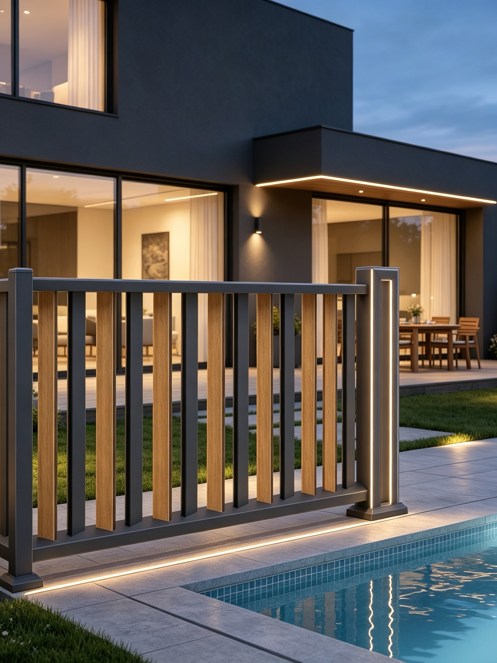 Custom Villa Aluminum Fence with Vertical Slat Wood Look and Matte Finish for Outdoor Backyard
