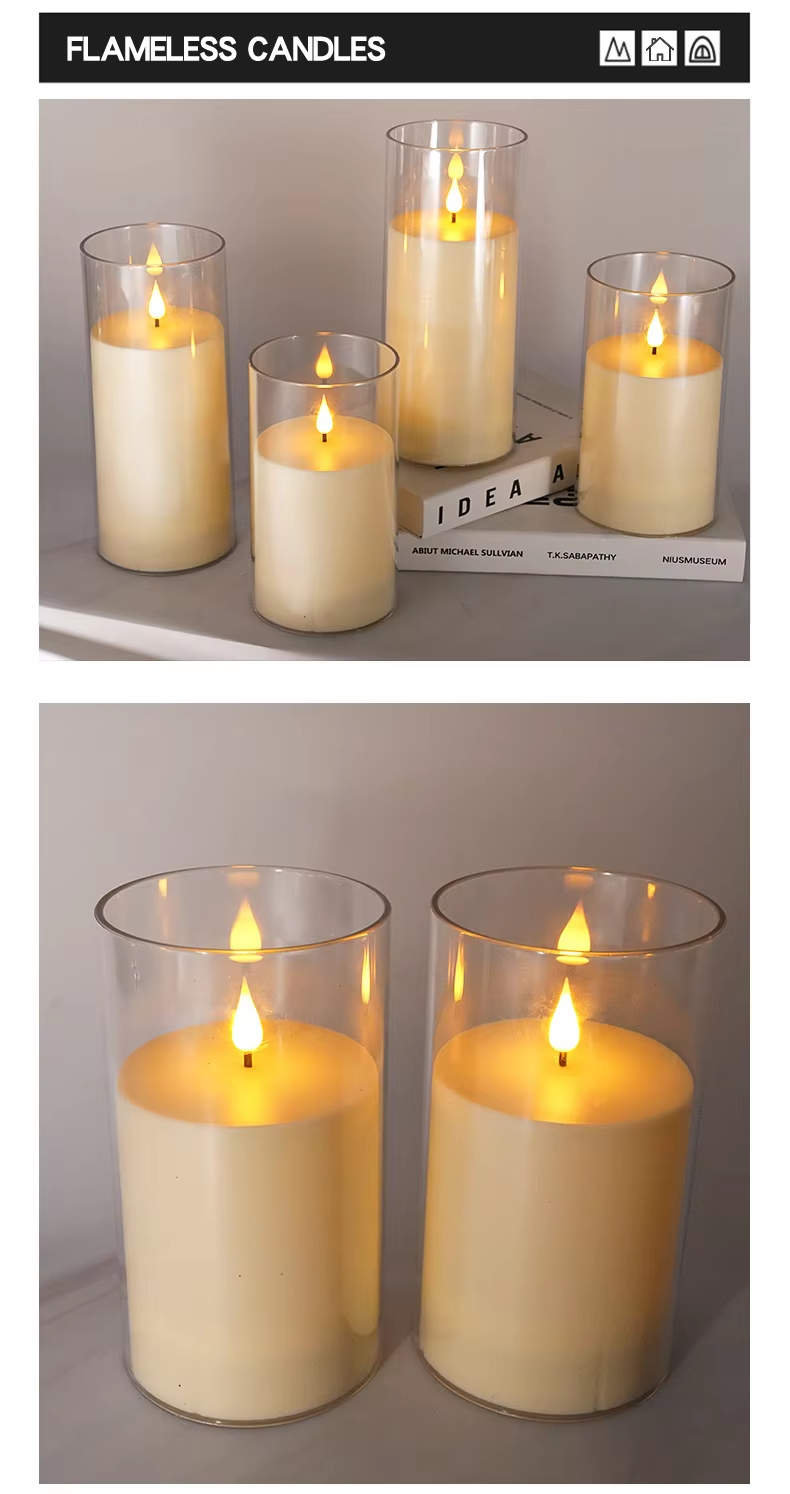 Acrylic Flickering Flameless Candles Set Remote Control Decorative Electric LED Light Pillar Pattern for Home Decoration