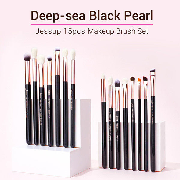 Jessup 15pcs Black/Rose gold Wood Handle Eyeshadow Eyebrow Shader Makeup Brush Set T157