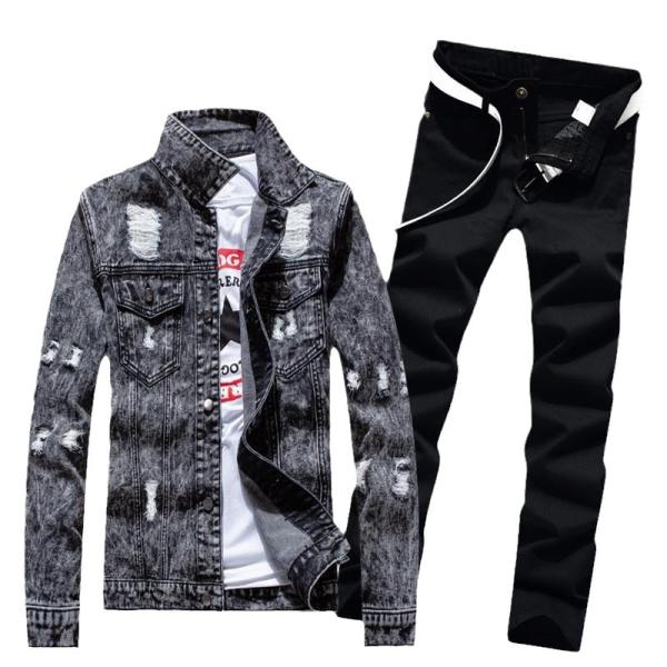 Men's Outdoor Denim Suit Single-Breasted Jackets with Polyester/Denim Blend Material