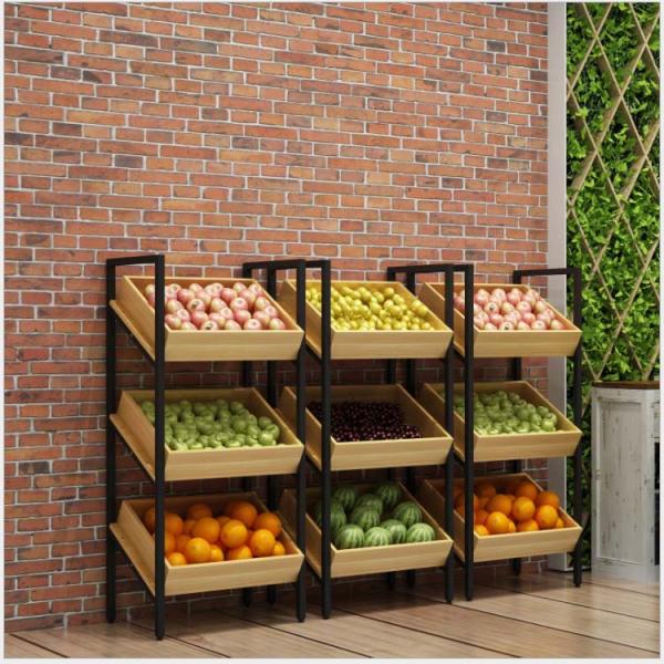 High Grade Cold-rolled Sheet Wooden Fruit Vegetable Display Rack for Supermarket Stores