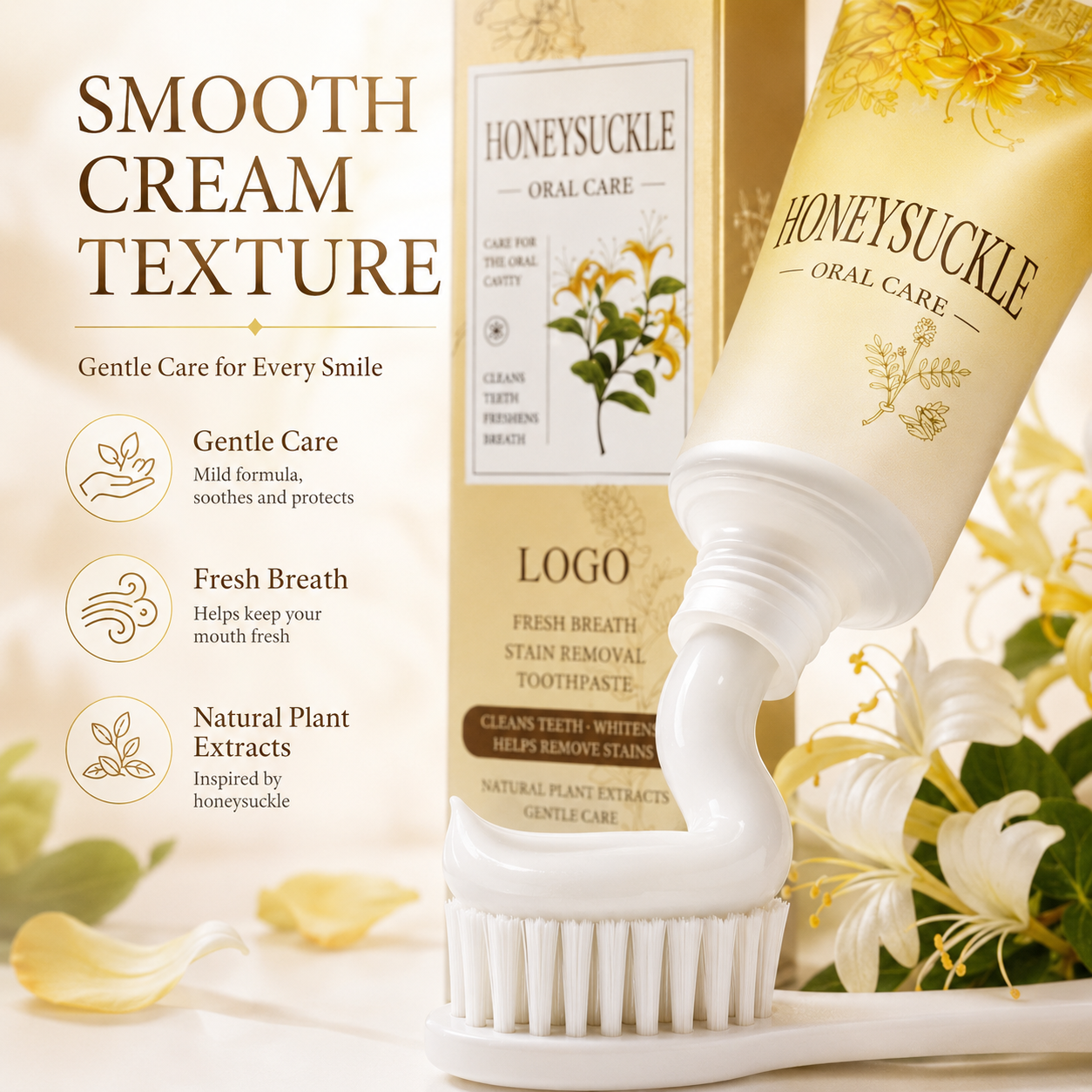 Custom Teeth Whitening Toothpaste Herbal Honeysuckle Flavor Freshens Breath Protects Tooth Enamel Fluoride Free Dentifrice