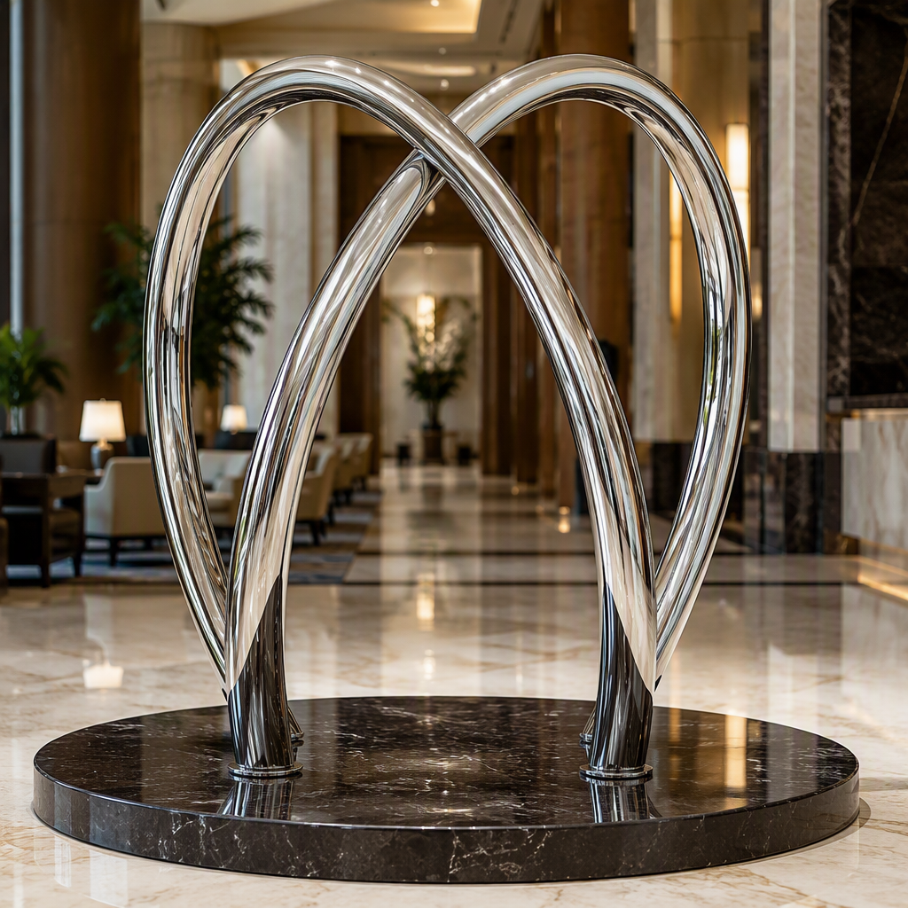 Mirror Polished Stainless Steel Double Arch Tube Sculpture, Modern Abstract Art Decor